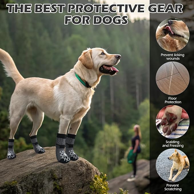 EXPAWLORER Dog Socks for Hot Pavement to Prevent Licking Paws, Non Slip Doggie Grippy Booties Shoes for Hardwood Floors, Boots & Paw Protectors for Small Medium Large Senior Dogs Twists Grey M