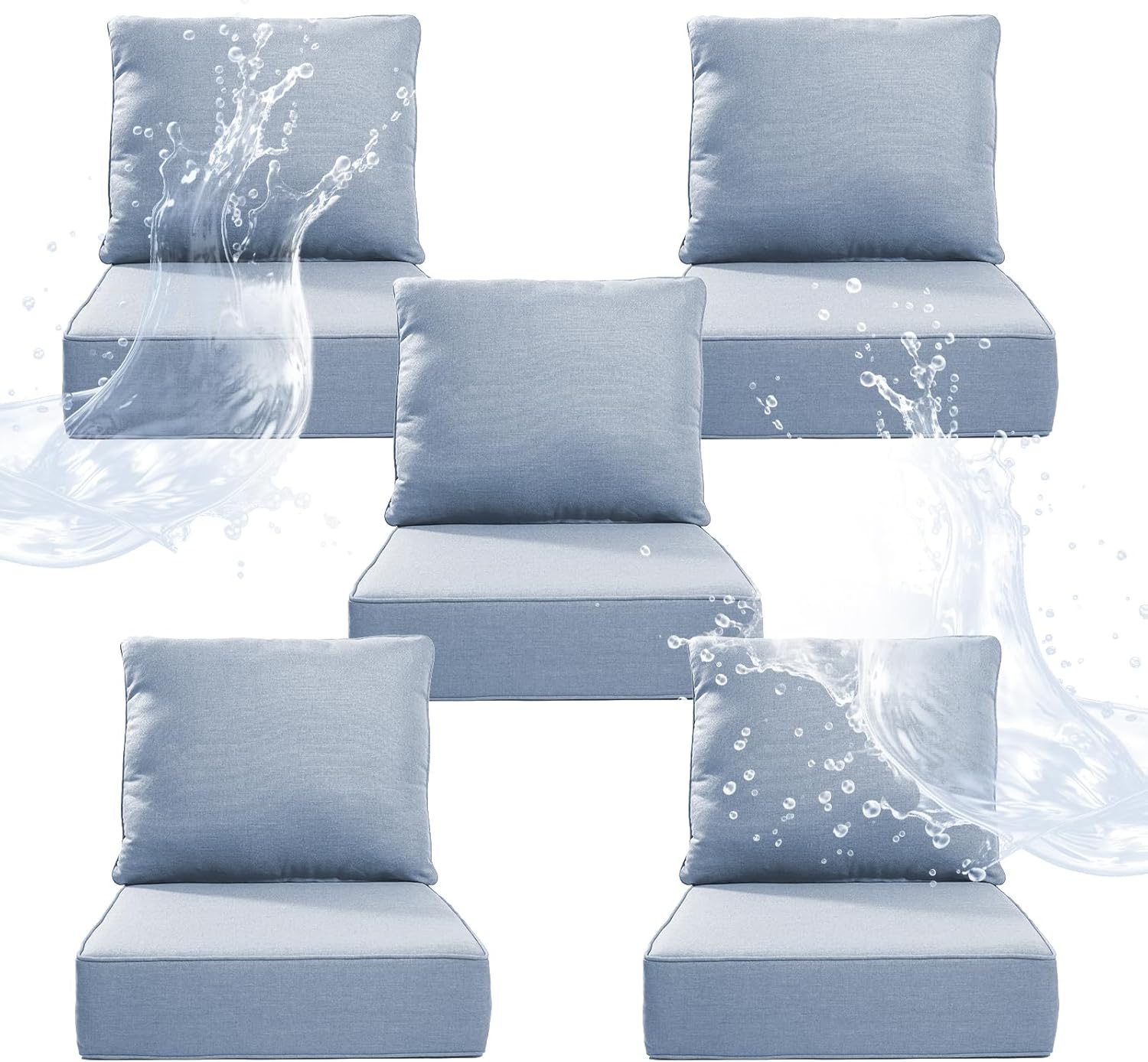 6" Thicker Outdoor Chair Cushion 5 Sets - 24" *24" *6" Waterproof Patio Furniture Cushions with Removable Cover, 28D High Density Sponge Filling Thicken Outdoor Patio Cushions - Baby Blue