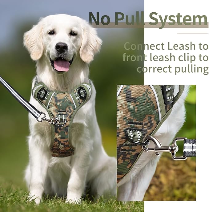 HEELE Dog Harness, No Pull Adjustable Padded Reflective Harness for Small Medium Large Dogs with Handle for Walking Training, Camo Green, L