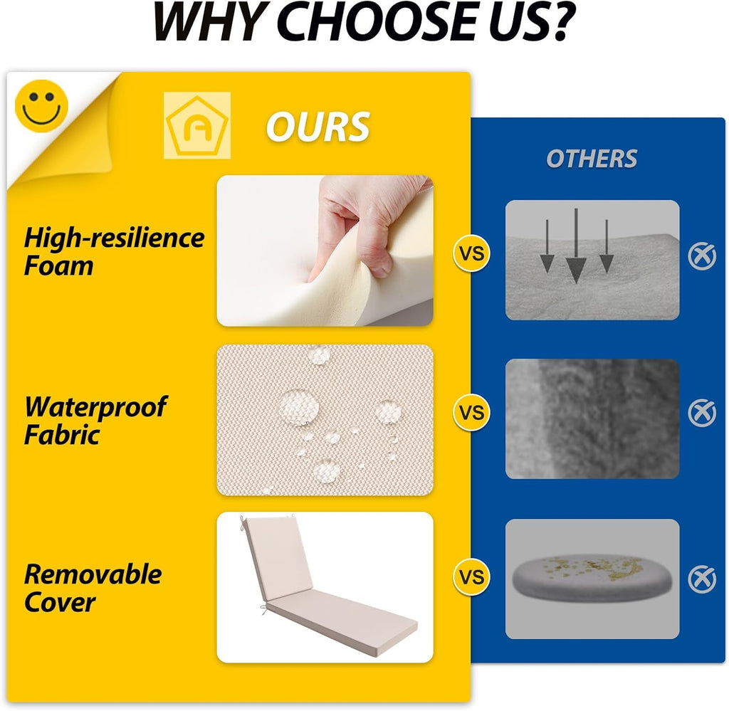 AAAAAcessories Outdoor Chaise Lounge Cushions, Waterproof, Fade-Resistant Patio Furniture Replacement Cushions, 72" x 21" x 3", Set of 2, Khaki Beige