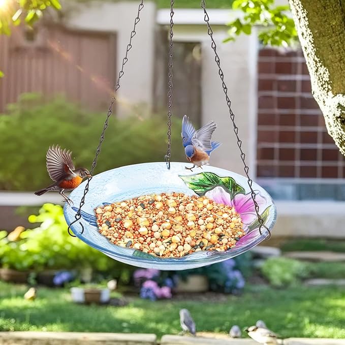 MUMTOP Hanging Bird Baths for Outdoors - Glass Bird Bath, 11 Inch Hanging Bird Bath Hummingbird Bird Feeder Bowl for Outside, Garden, Lawn Yard Decor