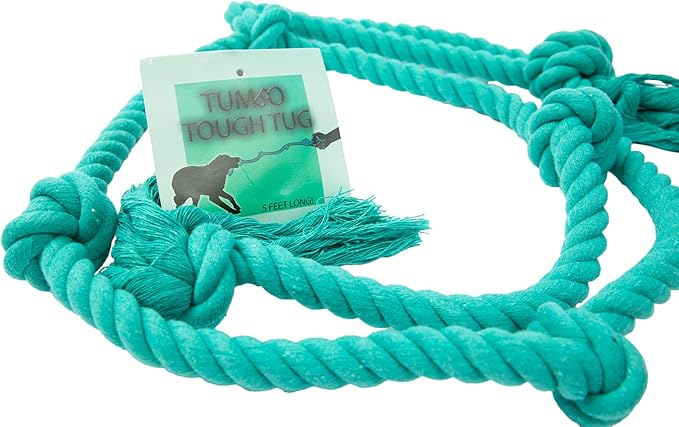 Tumbo Tough Tug Rope Dog Toy - (5 ft Long Strong and Durable Rope Pull Toy with Handle) TUG of WAR Dog Toy (Bahama Blue)