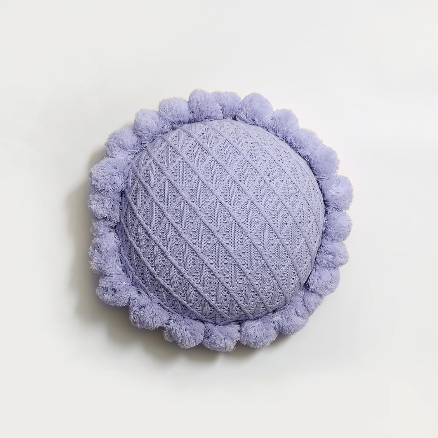 Acrylic Knitted Round Throw Pillow Knitting Bohemian Circular Cushion Pillow with Knit Handmade Pompoms Decorative Romantic Purple, Diameter 18inches