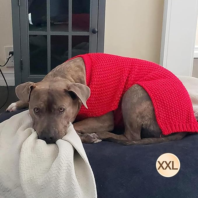 KYEESE Dog Christmas Sweater for Large Dogs with Leash Hole Warm Pullover with Reflective Yarn Male Thick Stretchy Knitwear Winter Soft Pet Coat boy Cold Weather Comfy Dog Sweaters,Red, XX-Large