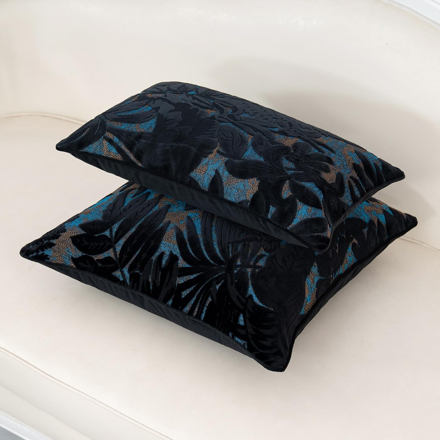 Alerfa Black Throw Pillow Cover 20x20 Inch, Square Cut Velvet Maple Leaf Embroidery Luxury Farmhosue Accent Decorative Pillow Cover for Couch Living Room Bedroom