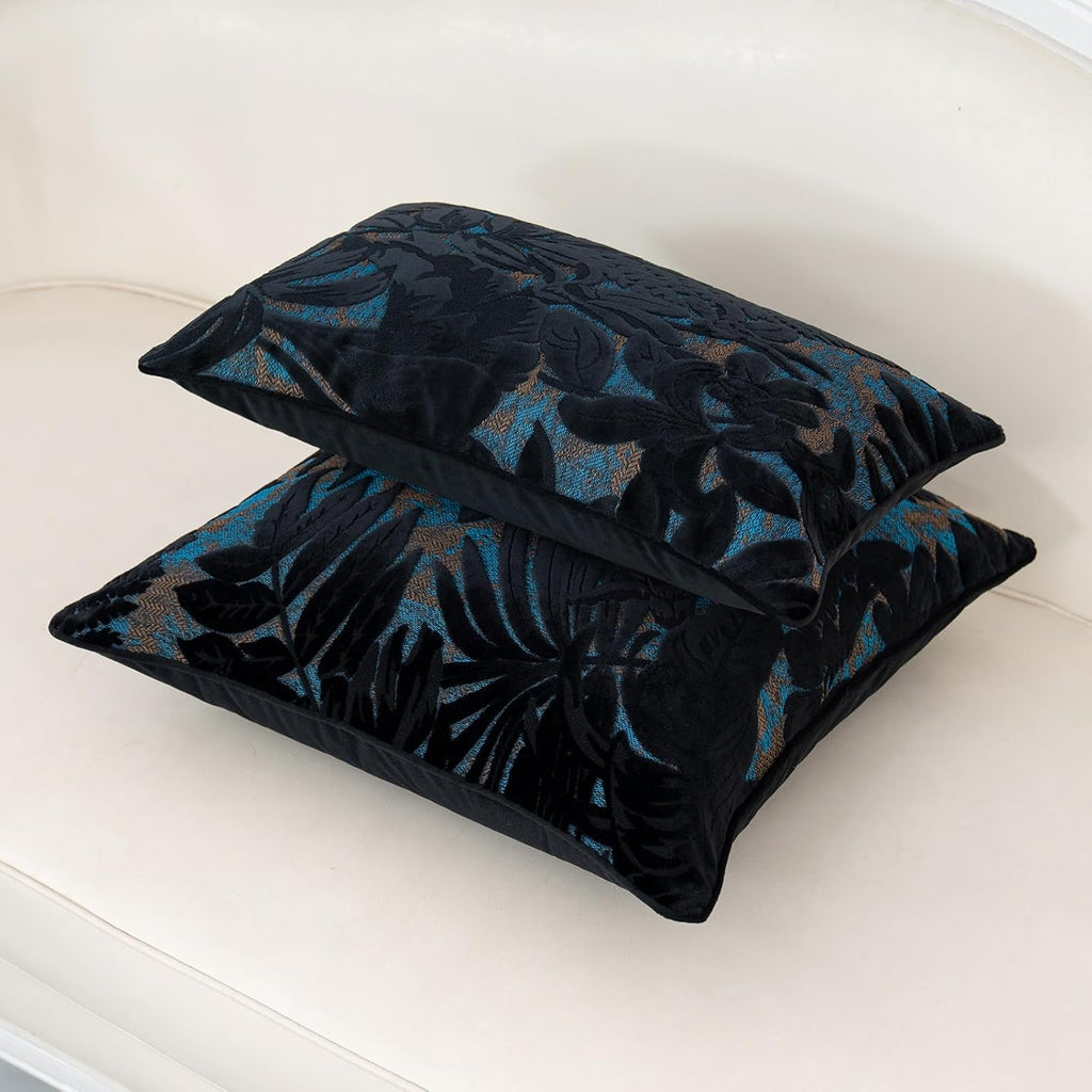 Alerfa Black Throw Pillow Cover 12x20 Inch, Rectangle Cut Velvet Maple Leaf Embroidery Luxury Farmhosue Lumbar Decorative Pillow Cover for Couch Living Room Bedroom