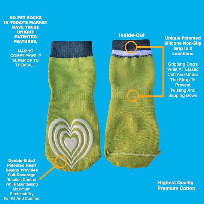 Medical Therapeutic Double Sided Non-Slip Cotton Dog Socks | PawFlex Comfy Pawz Silicone Grip on Inner Cuff No Twisting or Sliding Off | Senior & Disabled Dog Traction Control |Pet Paw Protection