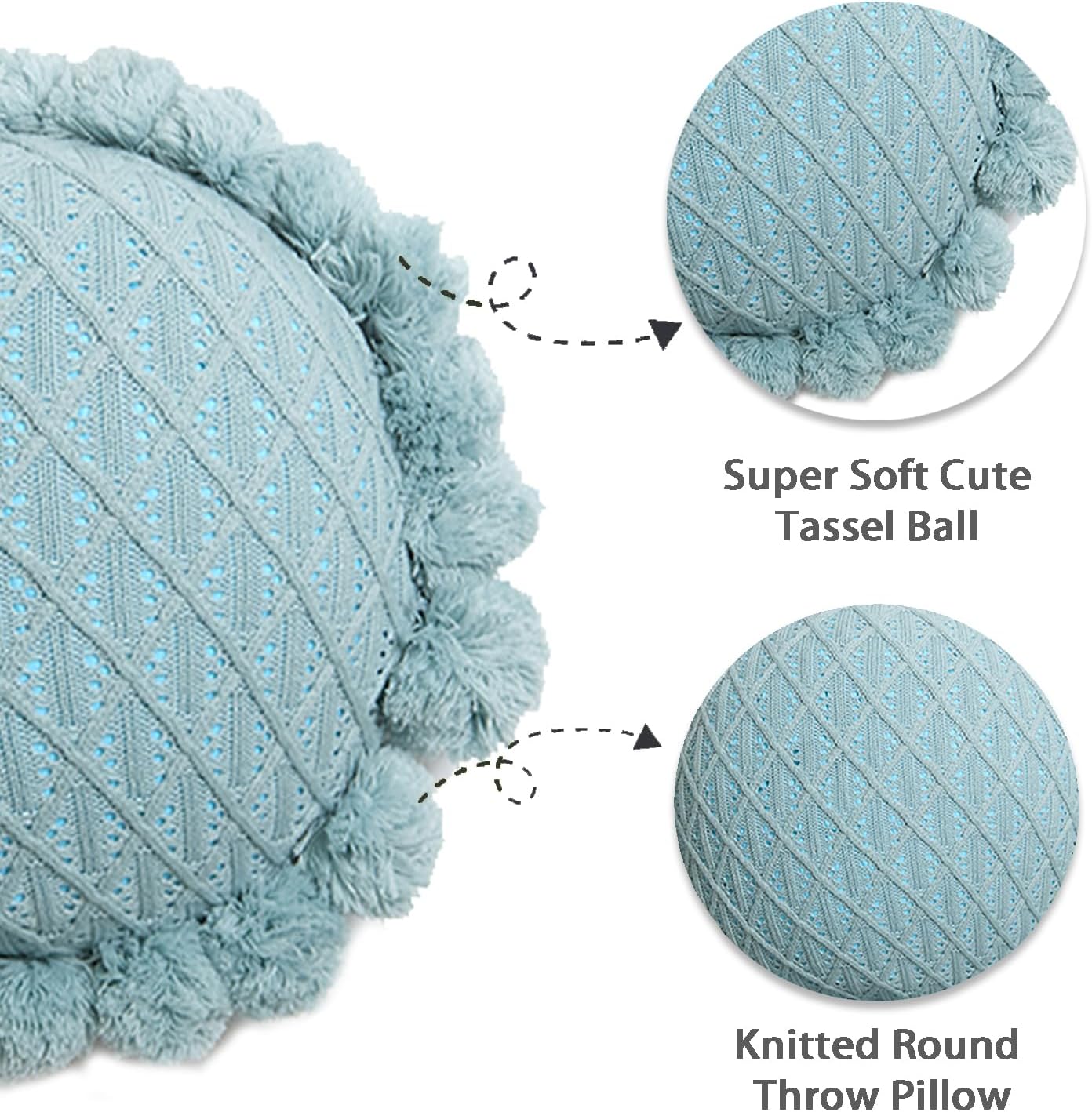 Acrylic Knitted Round Throw Pillow Knitting Bohemian Circular Cushion Pillow with Knit Handmade Pompoms Decorative Turquoise Green, Diameter 18inches