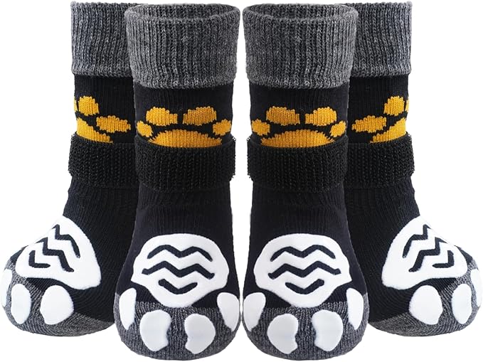 PUPTECK Anti Slip Dog Socks 2 Pairs with Double Grippers for Hardwood Floors, Shoes for Hot/Cold Pavement, Boots & Paws Protectors to Prevent Licking, Traction Booties for Senior Small Large Dogs