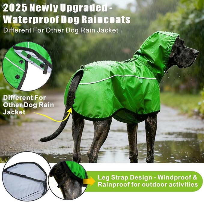 Mosucoirl Dog Raincoat Jacket Reflective Adjustable Hooded Pet Poncho Rain Coats with Leash Hole Waterproof Clothes for Small Medium Large Dogs (Green, S)