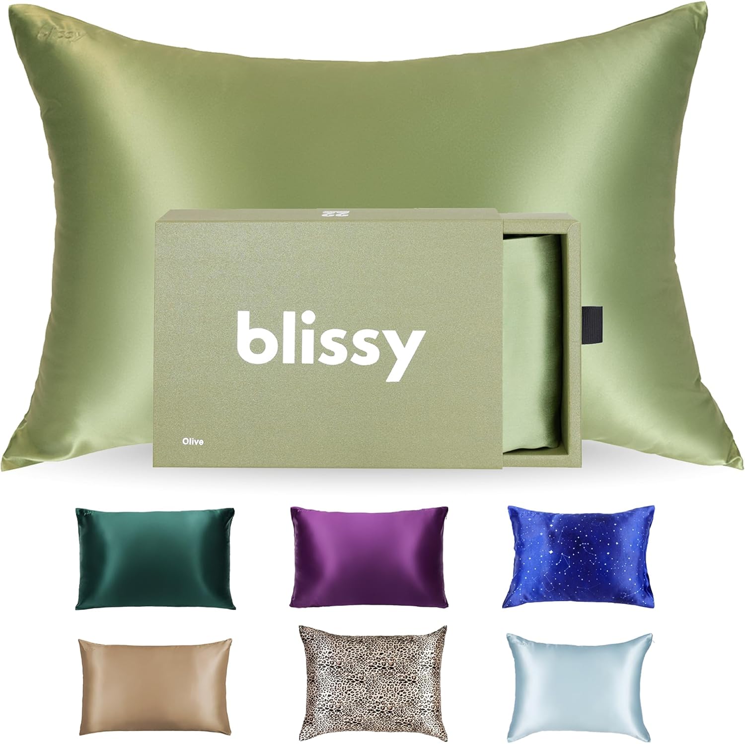 Blissy Silk Pillowcase - 100% Pure Mulberry Silk - 22 Momme 6A High-Grade Fibers - Silk Pillow Cover for Hair & Skin - Regular, Queen & King (Olive, King)