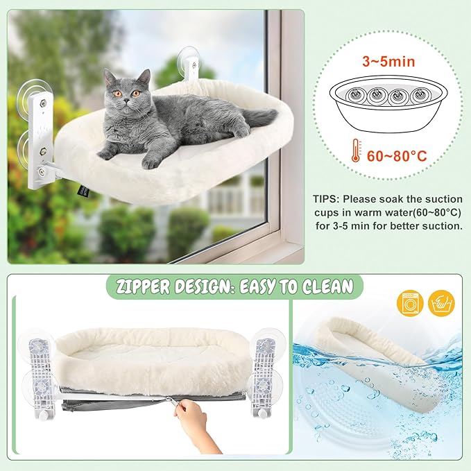 Sunhoo 2PCS Cat Window Perch Hammock Cordless Kitty Sunny Bed Seat Window Sill Shelf for Inside Cats Foldable Lounger with 4 Strong Suction Cups Soft Plush Cover 21*11.8 in Holds up to 40lbs (White)