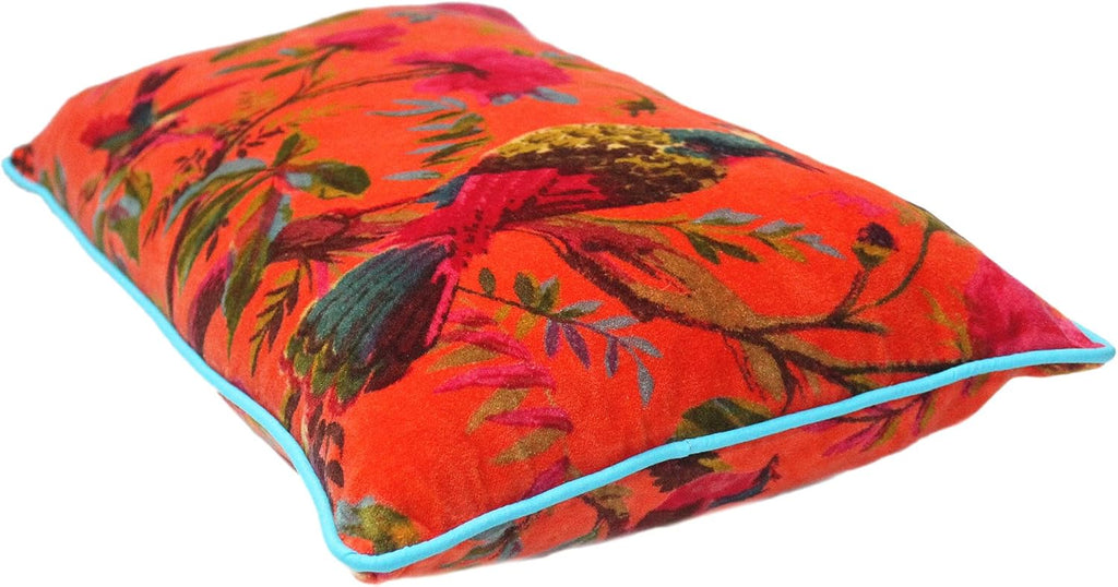 Eyes of India Velvet Floral Flower Bird Throw Pillow Sofa Cushion Cover Case Couch Colorful Boho Chic Bohemian Accent Indian Handmade (Orange, 20" x 12")