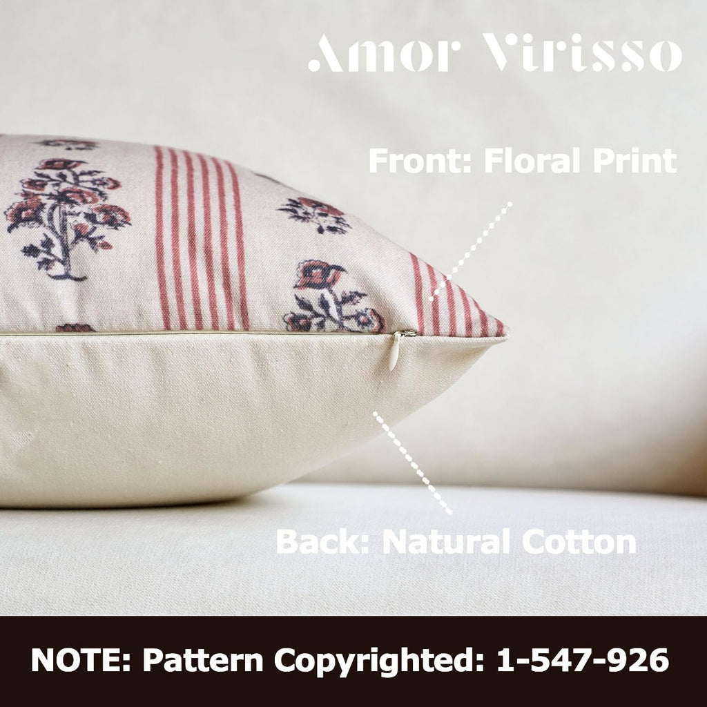 Amor Virisso Floral Throw Pillow Covers 18x18 Set of 2 Block Print Pillow Covers Neutral Floral Striped Farmhouse Decorative Pillow Covers for Sofa Couch Bed, Red