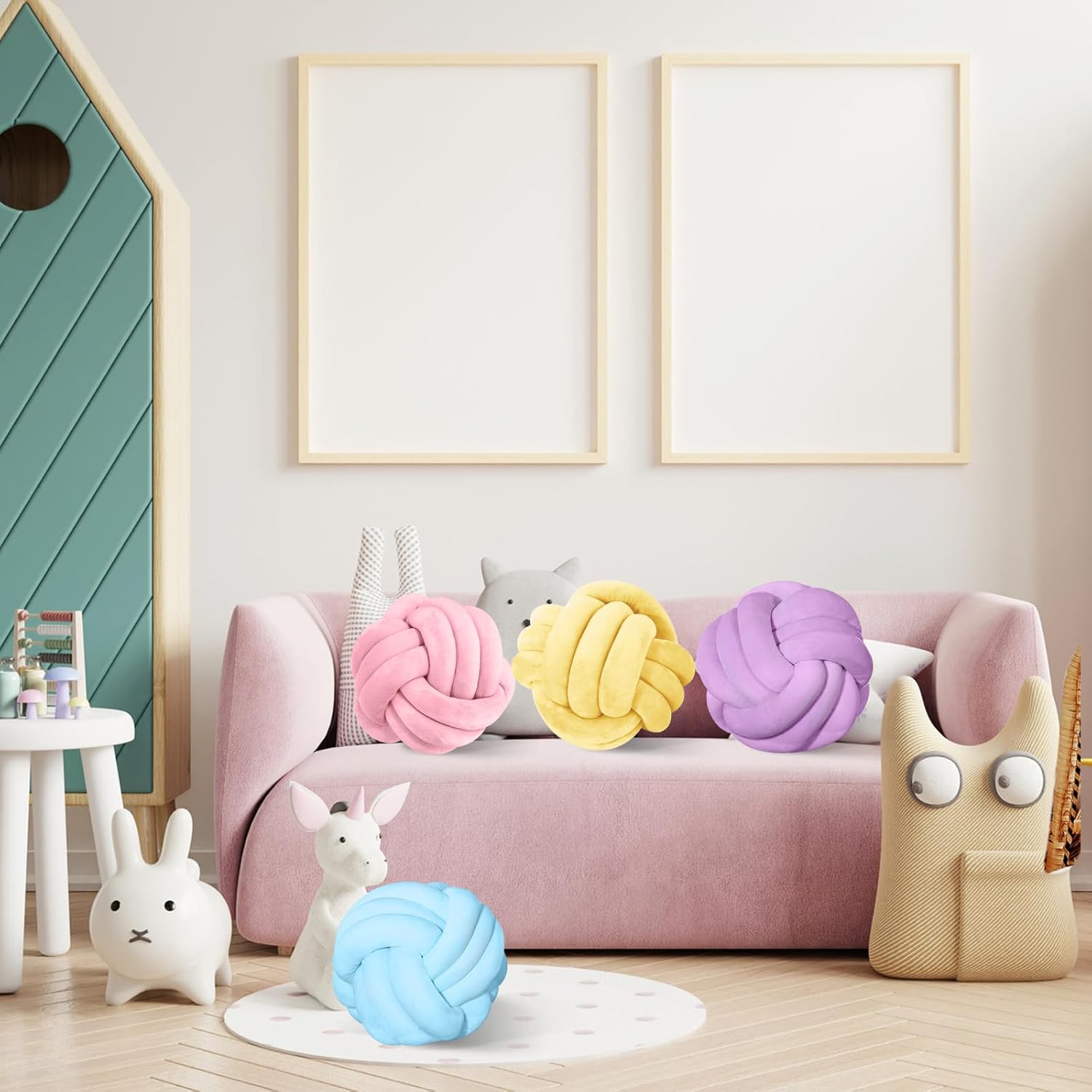 Yerliker 4 Pcs Knot Pillow Ball, 8.7 Inches Soft Home Decorative Round Throw Pillow Handmade Knotted Plush Accent Cushion Gifts for Nursery Decor Home Bed Sofa Bedroom Decoration