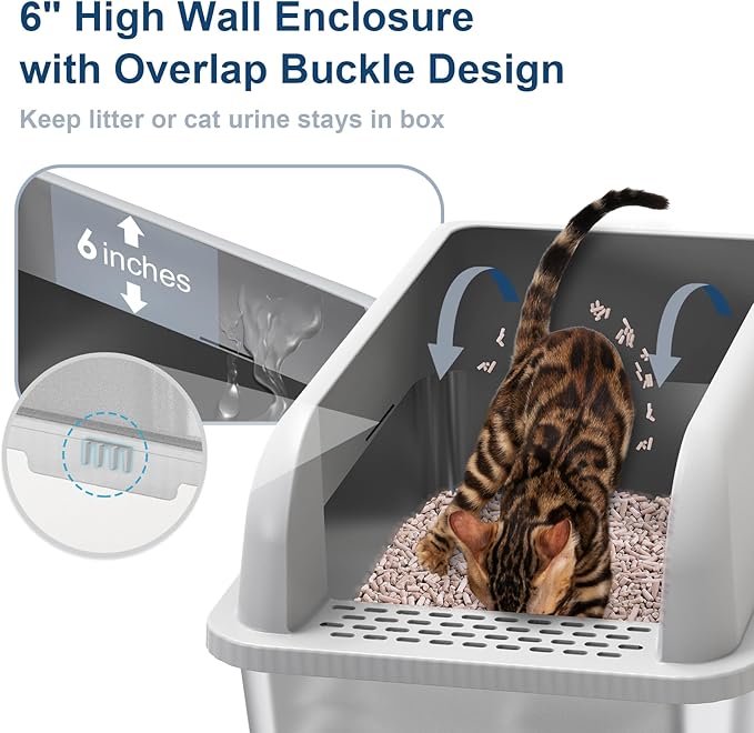 23.6''x16''x12'' Enclosed Stainless Steel Litter Box with Lid, XL Sifting Litter Box for Pine Pellets, High Sides Metal Litter Box System for Big Cats, Anti-Leakage, Easy Cleaning, Less Tracking