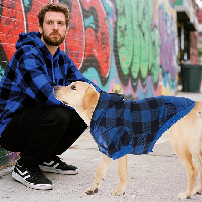 KOOLTAIL Plaid Dog Hoodie Pet Clothes Sweater with Hat and Pocket for Small Medium Large Size Dogs, Soft Winter Warm Dog Cold Weather Coat, Fleece Fall Dog Hooded Sweatshirt for Puppy Cats,Blue XL/XXL