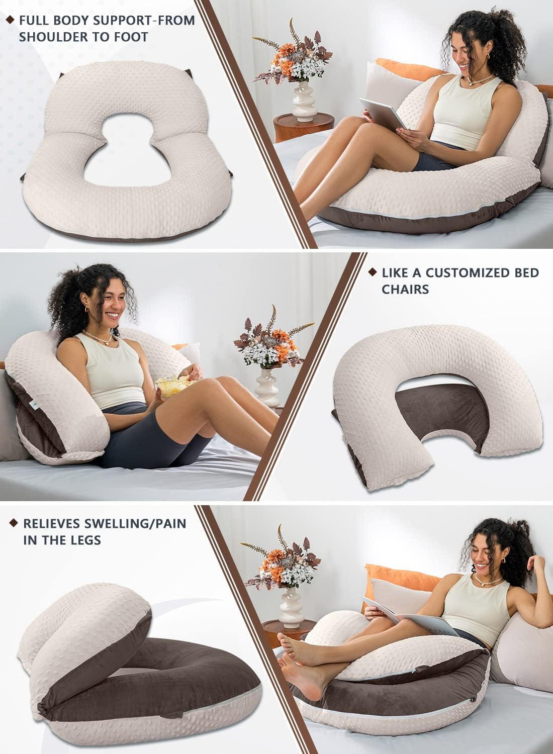 INSEN Reading Pillow, Back Pillow for Sitting in Bed and Couch, Gaming Pillow for Adults, Sit Up Support for Bed (Dot Velvet-Brown, Upgraded)