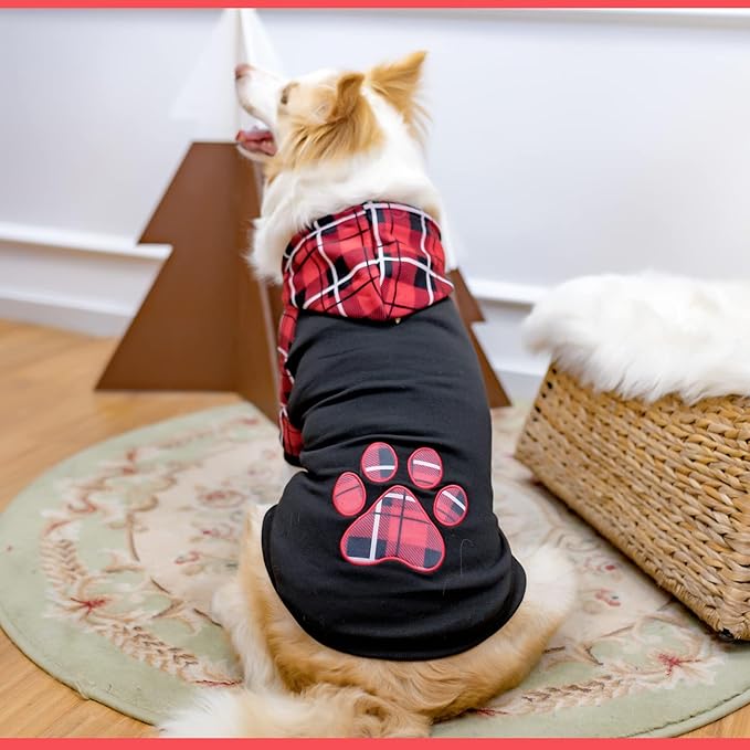 KOOLTAIL Plaid Dog Hoodie Pet Clothes Sweater with Hat and Pocket for Small Medium Large Size Dogs, Soft Winter Warm Dog Cold Weather Coat, Fleece Fall Dog Hooded Sweatshirt for Puppy Cats, Red XL