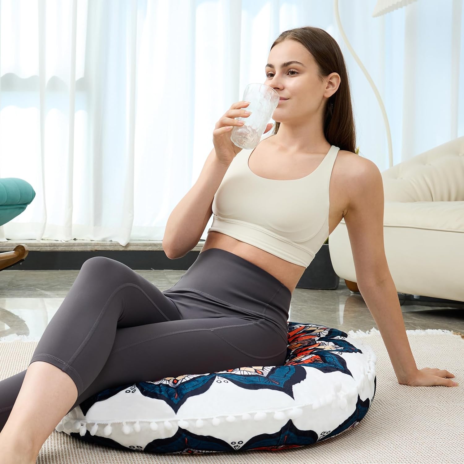 32 in Meditation Floor Cushion, Round Large Floor Pillow for Adult, Yoga Pillows for Sitting On Floor, Boho, Memory Foam Filling