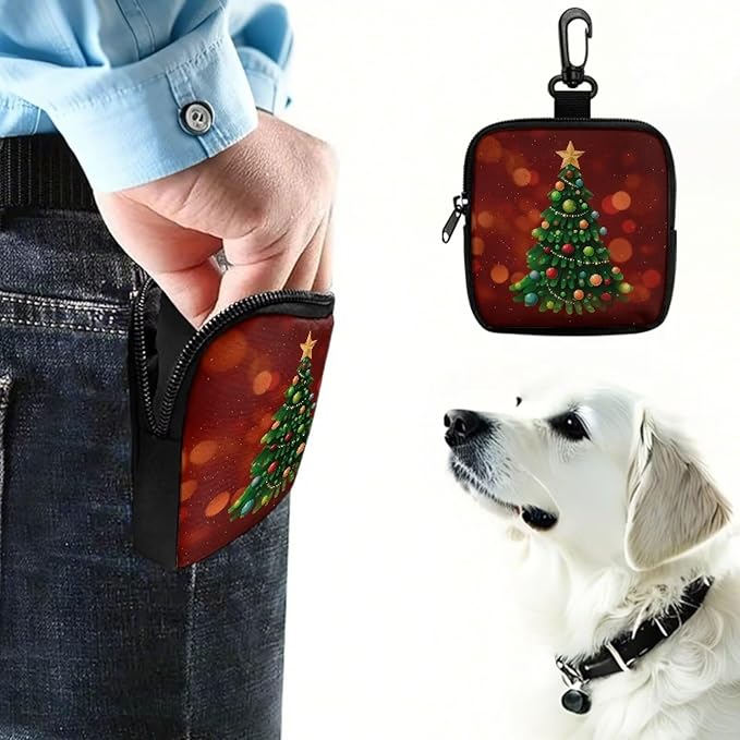 KEIAHUAN Christmas Tree Christmas Dog Treat Pouch Red Pocket Sized Pet Training Pouch Dog Training and Walks Snack Bag with Clasp Reusable Pet Treat Container Christmas Decor, Red