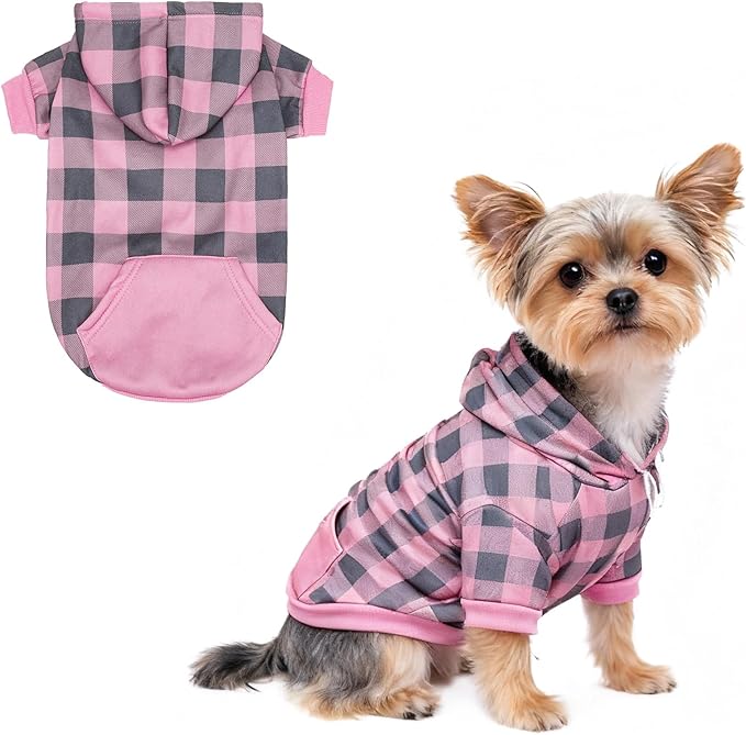 KOOLTAIL Plaid Dog Hoodie Pet Clothes Sweater with Hat and Pocket for Small Medium Large Size Dogs, Soft Winter Warm Dog Cold Weather Coat, Fleece Fall Dog Hooded Sweatshirt for Puppy Cats, Pink S