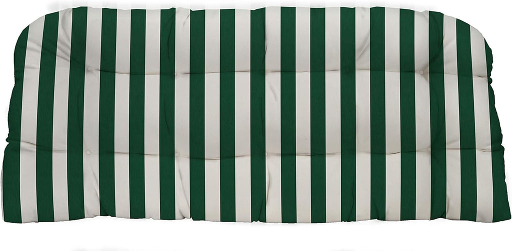 RSH DECOR: Tufted Wicker Loveseat Cushion | 41” x 19" | All-Weather Spun Fabric | Water and Fade-Resistant | Outdoor Settee Cushion for Patio Furniture | Hunter Green & White Stripe