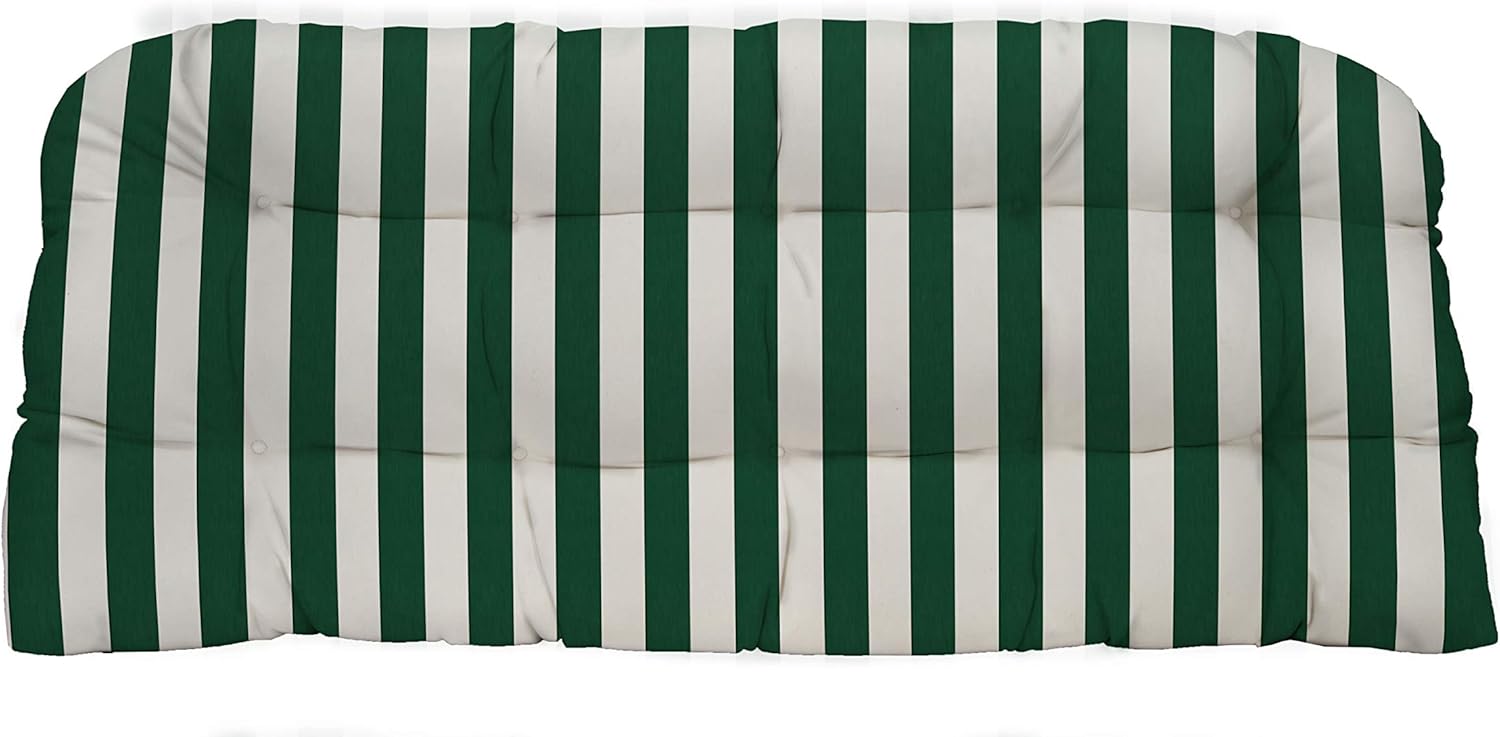 RSH DECOR: Tufted Wicker Loveseat Cushion | 41” x 19" | All-Weather Spun Fabric | Water and Fade-Resistant | Outdoor Settee Cushion for Patio Furniture | Hunter Green & White Stripe