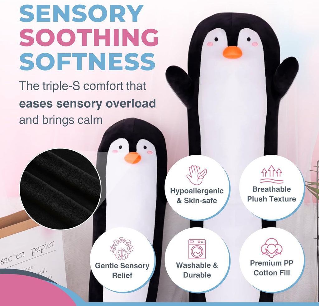 Penguin Plush Body Pillow for Kids | Long Stuffed Animal Cuddle Pillow | Soft Hugging Toy | Plushie Gift for Girls & Boys | Long Plush Body Pillow for Sleep & Comfort | Small, 23 Inches