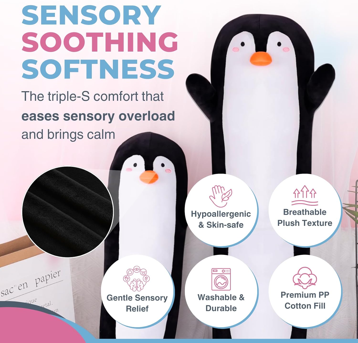 Penguin Plush Body Pillow for Kids | Long Stuffed Animal Cuddle Pillow | Soft Hugging Toy | Plushie Gift for Girls & Boys | Long Plush Body Pillow for Sleep & Comfort | Large, 47 Inches