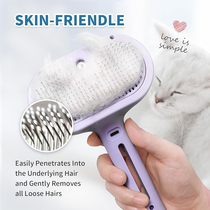 Dog Brush for Shedding, 3 in 1 Self Cleaning Steam Dog Brush - Anti-Static,Cat Steam Brush Removal Comb with Release Button, Grooming Tool for Long and Short Hair Pets, Purple
