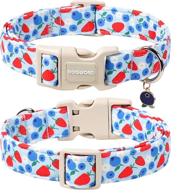 DOGWONG Strawberry Dog Collar, Blue Dog Collars Blueberry Adjustable Cute Pet Collars Girl Design Dog Collar for Small Medium Large Dogs