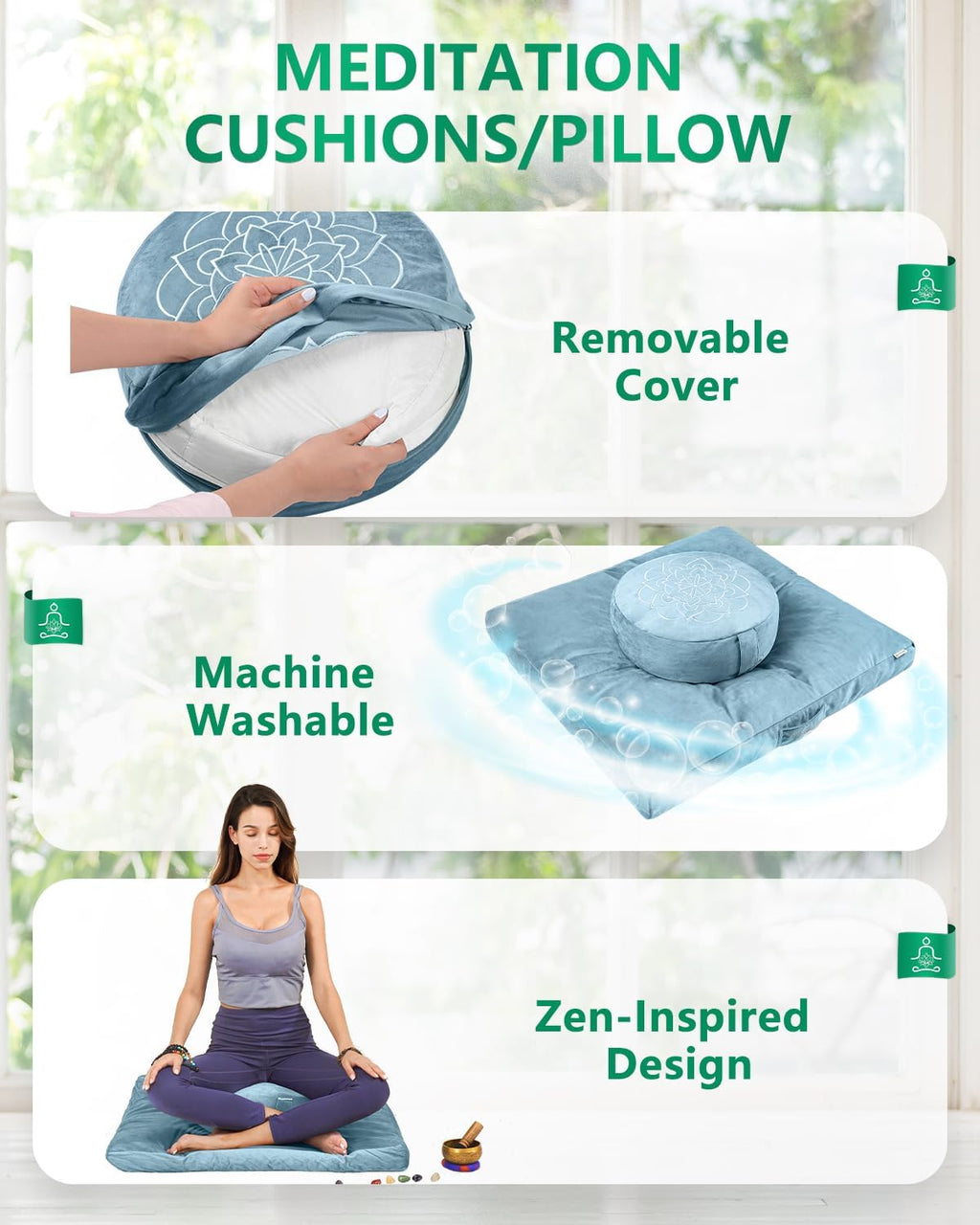 Hihealer Meditation Cushion Set Large Velvet Floor Pillow & Traditional Tibetan Yoga Bolster for Adults Zafu Meditation Mat with Buckwheat Filling