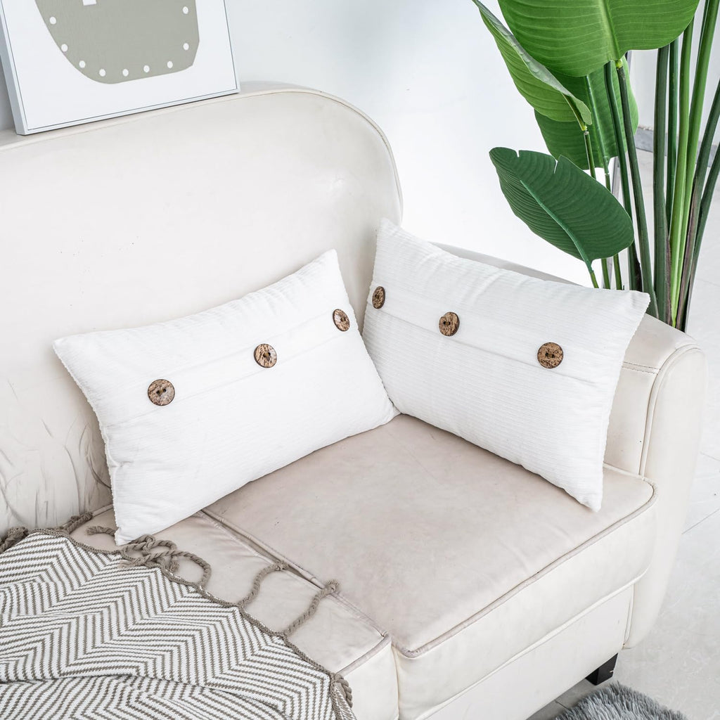 HWY 50 White Chenille Throw Pillow Covers 12x20 Inch with Triple Buttons, Soft Farmhouse Accent Decorative Cushion Cases for Couch Sofa Bed Living Room Pack of 2 Rectangle