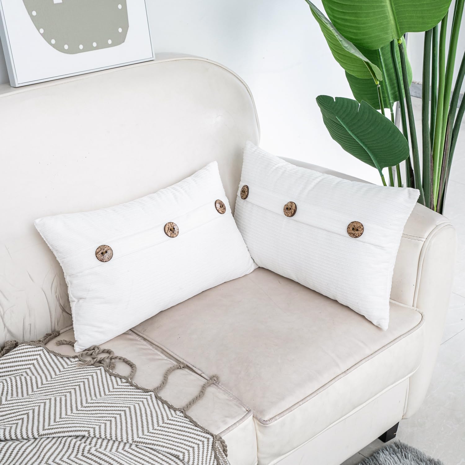 HWY 50 White Chenille Throw Pillow Covers 12x20 Inch with Triple Buttons, Soft Farmhouse Accent Decorative Cushion Cases for Couch Sofa Bed Living Room Pack of 2 Rectangle