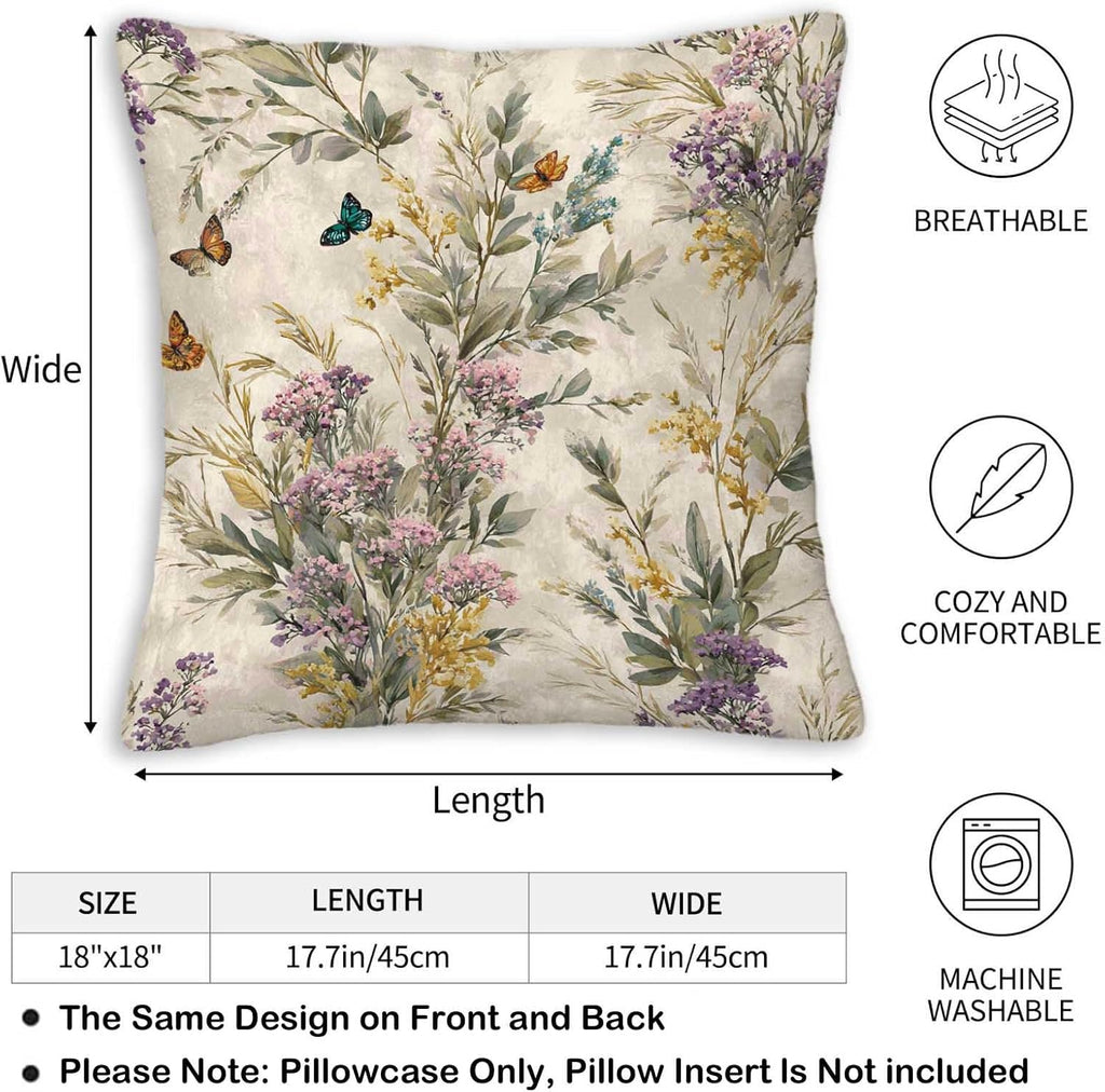 Throw Pillow Covers 18x18 Set of 2, Wild Flower Cushion Covers, Decorative Square Pillowcases for Couch, Bedroom, Living Room
