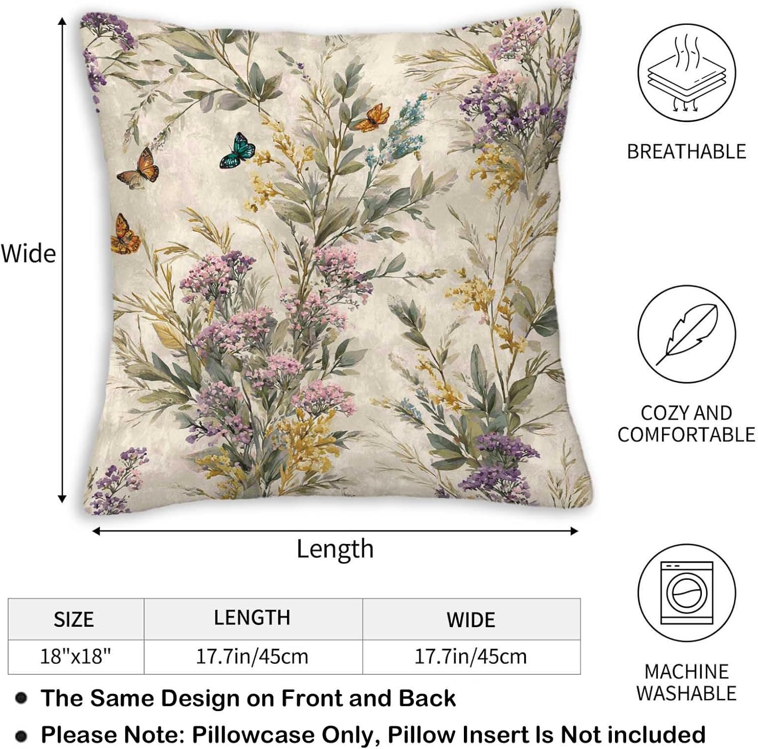 Throw Pillow Covers 18x18 Set of 2, Wild Flower Cushion Covers, Decorative Square Pillowcases for Couch, Bedroom, Living Room