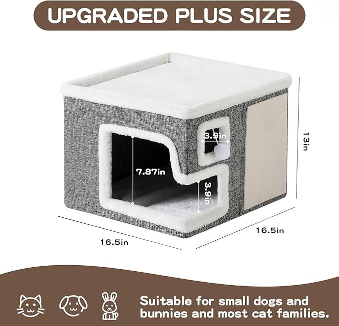 Cat Houses for Indoor Cats, Covered Cave Bed with Scratch Pad and Fluffy Ball, Foldable Cat Hideaway Condo for Large Cats, Modern Kitten Bed,16.5x16.5x13 inches (Grey, Large)