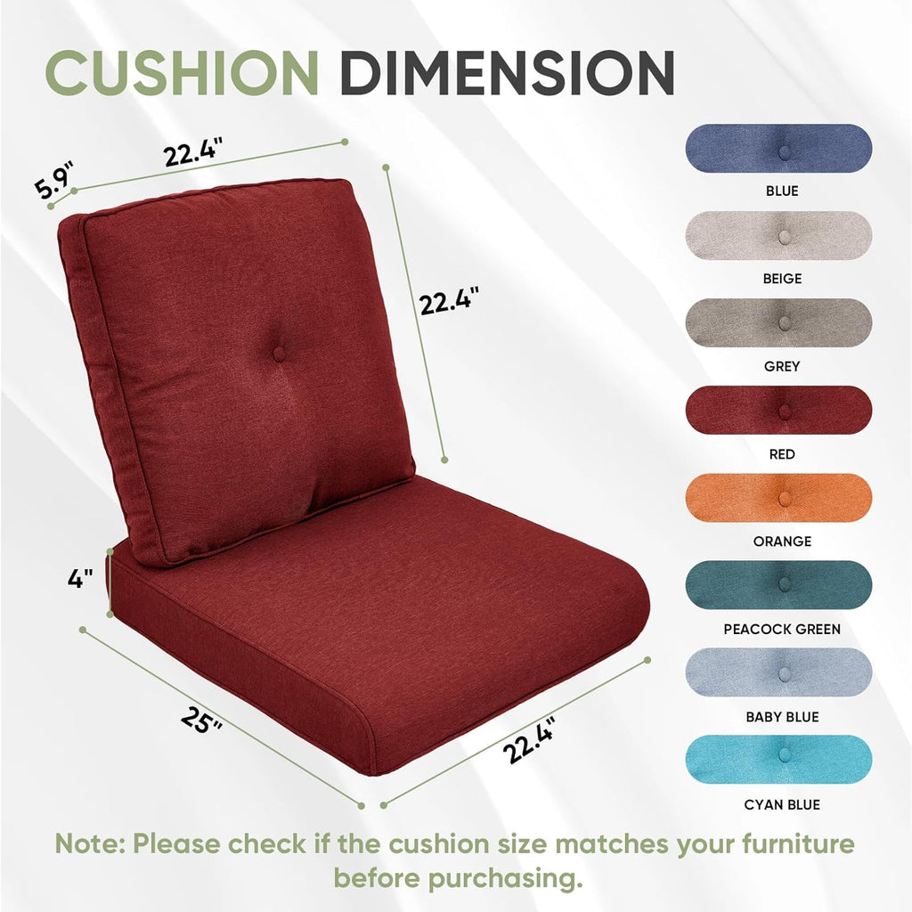 Outdoor Chair Cushion Set, 25 x 22.4 Deep Seat Cushion, Patio Chair Cushions for Outdoor, Include 1 Seat Cushion and 1 Back Cushion, Red