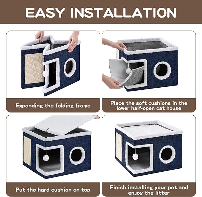 Cat Beds for Indoor Cats, Large Cat Cave with Fluffy Ball and Scratch Pad, Foldable Cat Scratch House with Hideaway Condo for Kitten,16x16x13inch,Blue