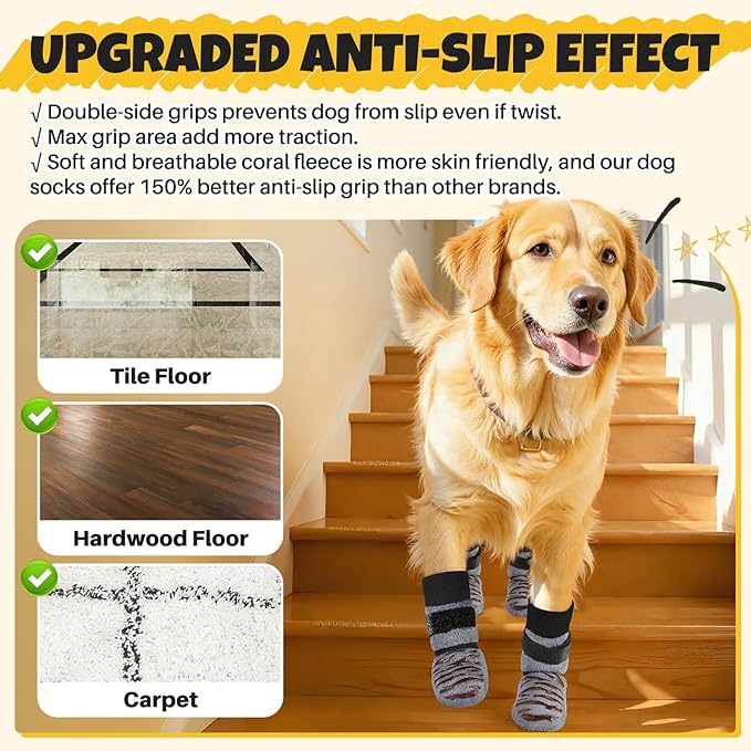 SlowTon Dog Socks with Double-Sided Grippers - 4PCS Dogs Grip Socks for Hot & Cold Pavement or Hard Floors, Non-Slip Paw Traction Protectors for Senior Small Medium Large Dogs(Grey, L)