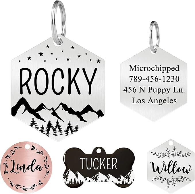 Ultra Joys Stainless Steel Pet ID Tag - Personalized Front and Back Engraving, Cat & Dog Tags, Optional Engraved Both Sides, Hexagon Mountain Design, Silver Large