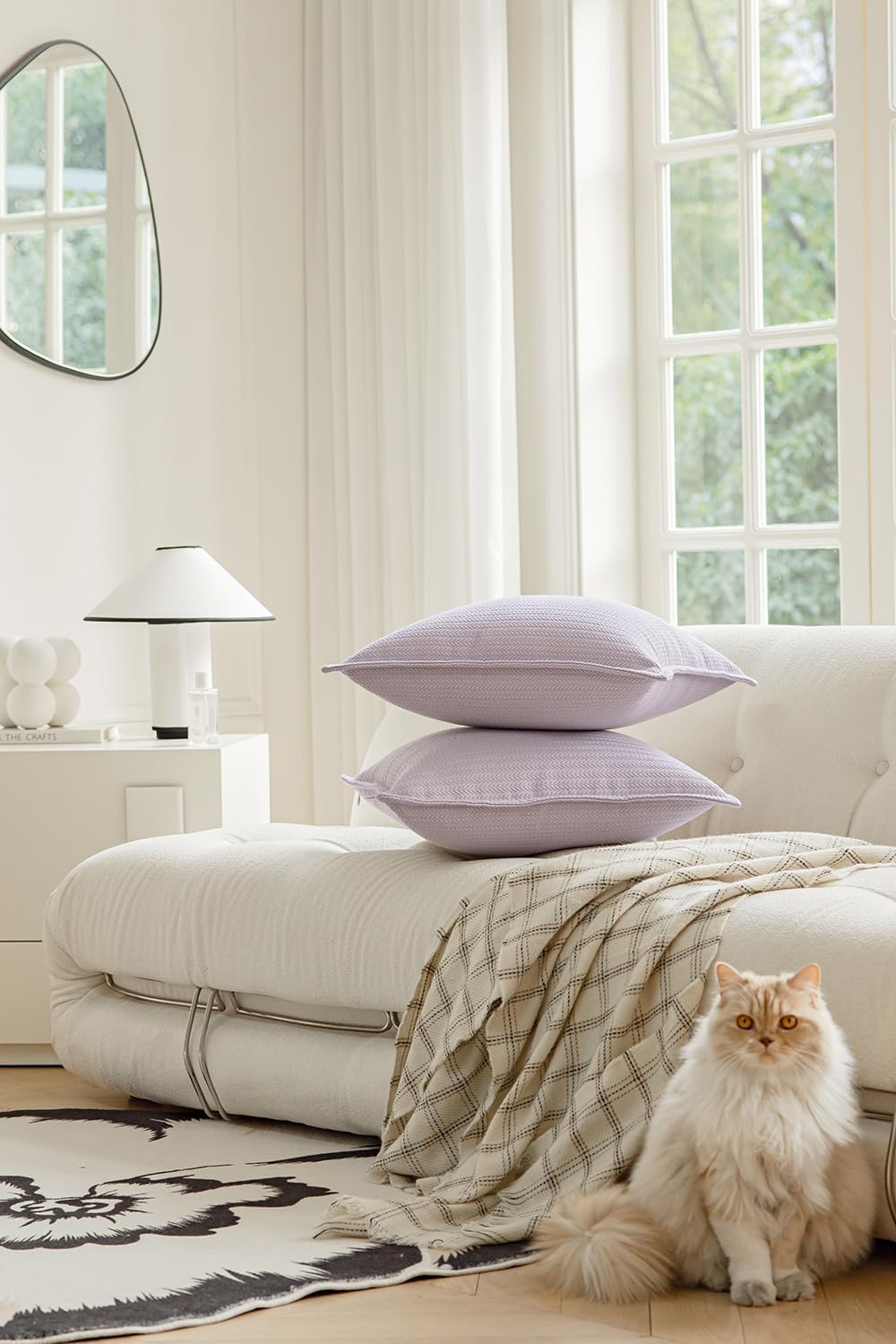 Set of 2 Cozy Striped Herringbone Flange Throw Pillow Covers, Aesthetic Embossed Pattern Pillow Covers for Couch and Bed - 20"x20", Languid Lavender