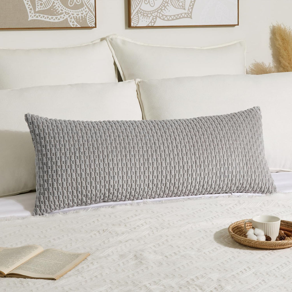 Kevin Textile 14x36 Inch Long Lumbar 1 Pack Boho Decorative Throw Pillow Cover Soft Striped Corduroy Rectangle Cushion Case Farmhouse Solid Color Accent for Living Room Couch Sofa Bed, Light Grey