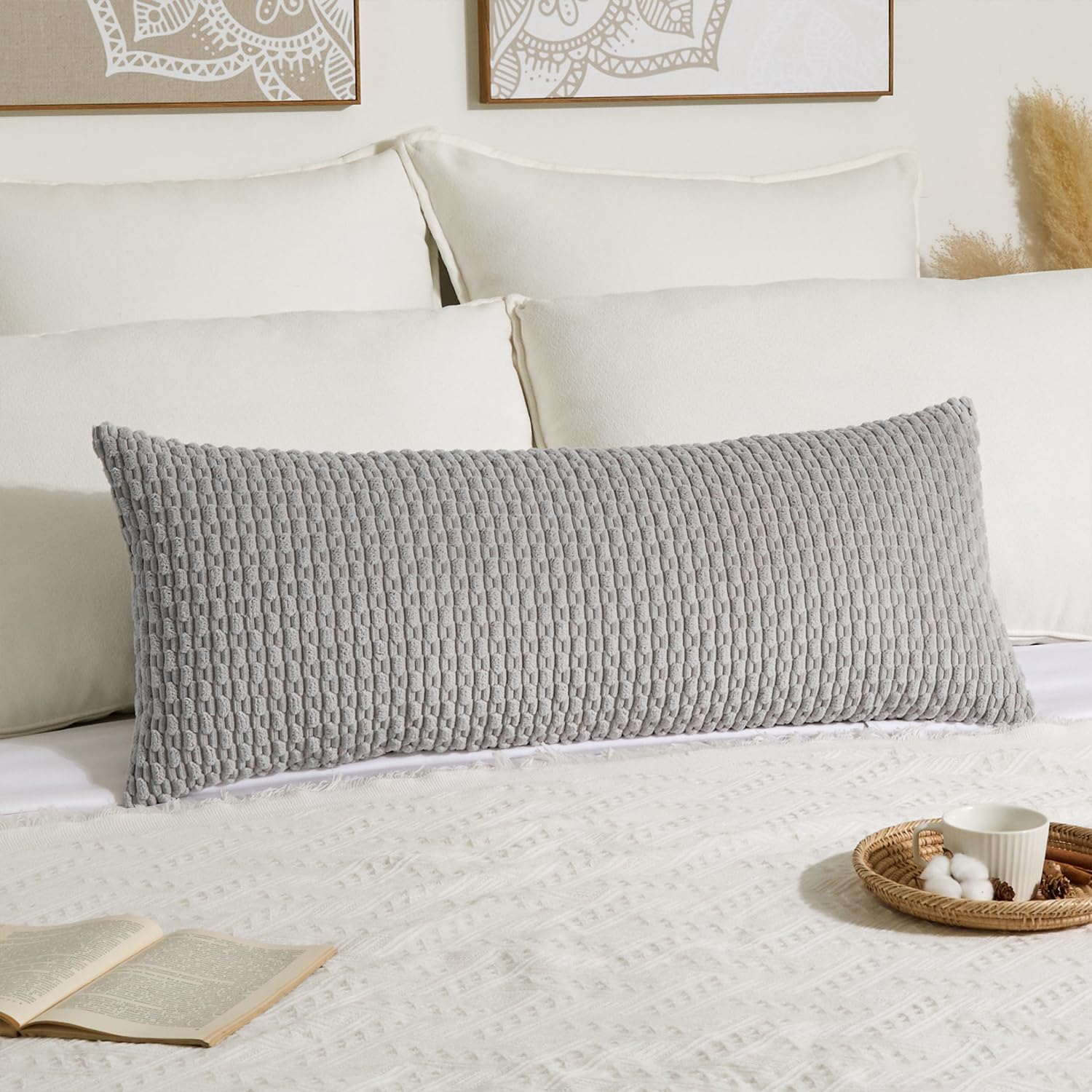 Kevin Textile 14x36 Inch Long Lumbar 1 Pack Boho Decorative Throw Pillow Cover Soft Striped Corduroy Rectangle Cushion Case Farmhouse Solid Color Accent for Living Room Couch Sofa Bed, Light Grey