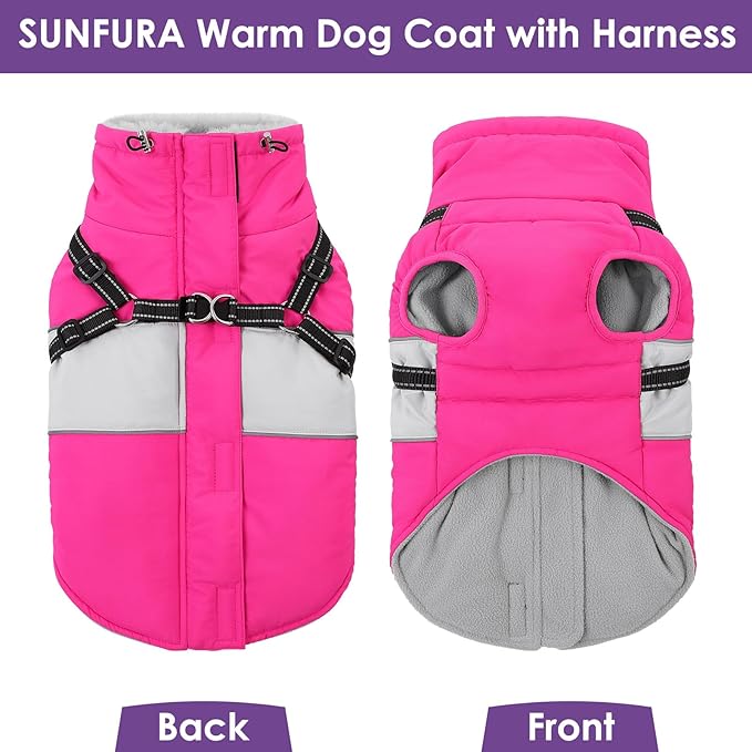 SUNFURA Small Dog Coat with Harness Built in, Warm Dog Jacket Winter with Zipper On Back, Waterproof Pet Snow Jacket Snowsuit Pet Sweater Clothes for Schnauzer, Yorkshire Terrier, Hot Pink S