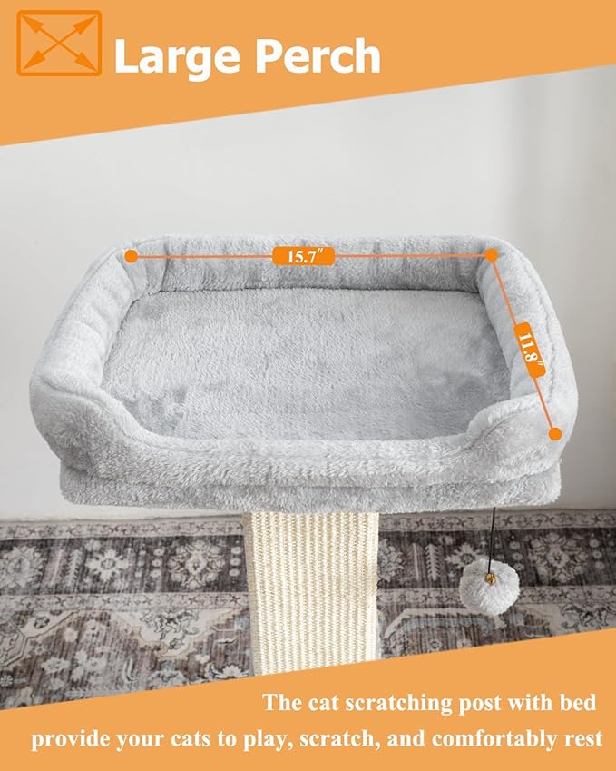 32" Cat Scratching Post for Indoor Cats, Sisal Cat Scratcher with Plush Perch, Large Scratch Post with Bed, Removable Cover, Sisal Fabric,Light Grey