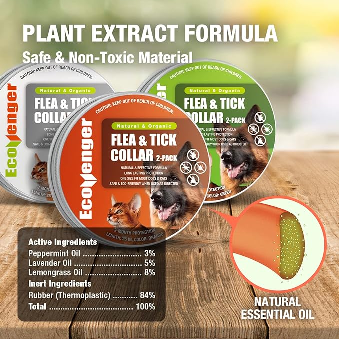 EcoVenger Flea & Tick Collar Repellent 2-Pack Orange, Fits Both Dogs & Cats, Built-in Pant-Based Formula Strong Repellency Slow Release, Lasting Deterrence and Protection, Pleasant Aroma, Waterproof