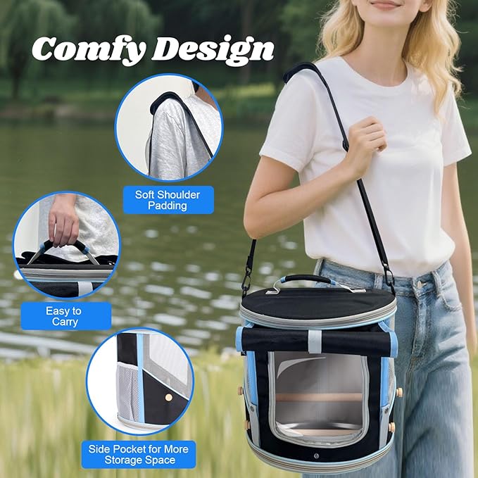 halinfer Small to Medium Bird Travel Carrier Cage, Portable Parrot Parakeet Cockatile Conure Transport Cage with Clear Window and Fabric Shade, Round Carry Bird Bag