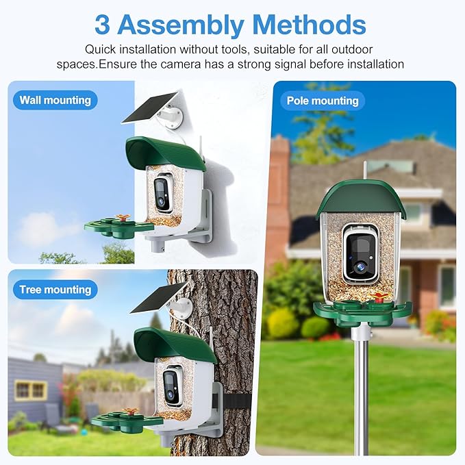 Smart Bird Feeder with 3MP HD Camera & AI Identify, Hummingbird Feeder with Solar Panel, Supports Two-Way Audio, Instant Arrival Alerts, Birdhouses for Outdoors, Gifts for Bird Lovers, Green